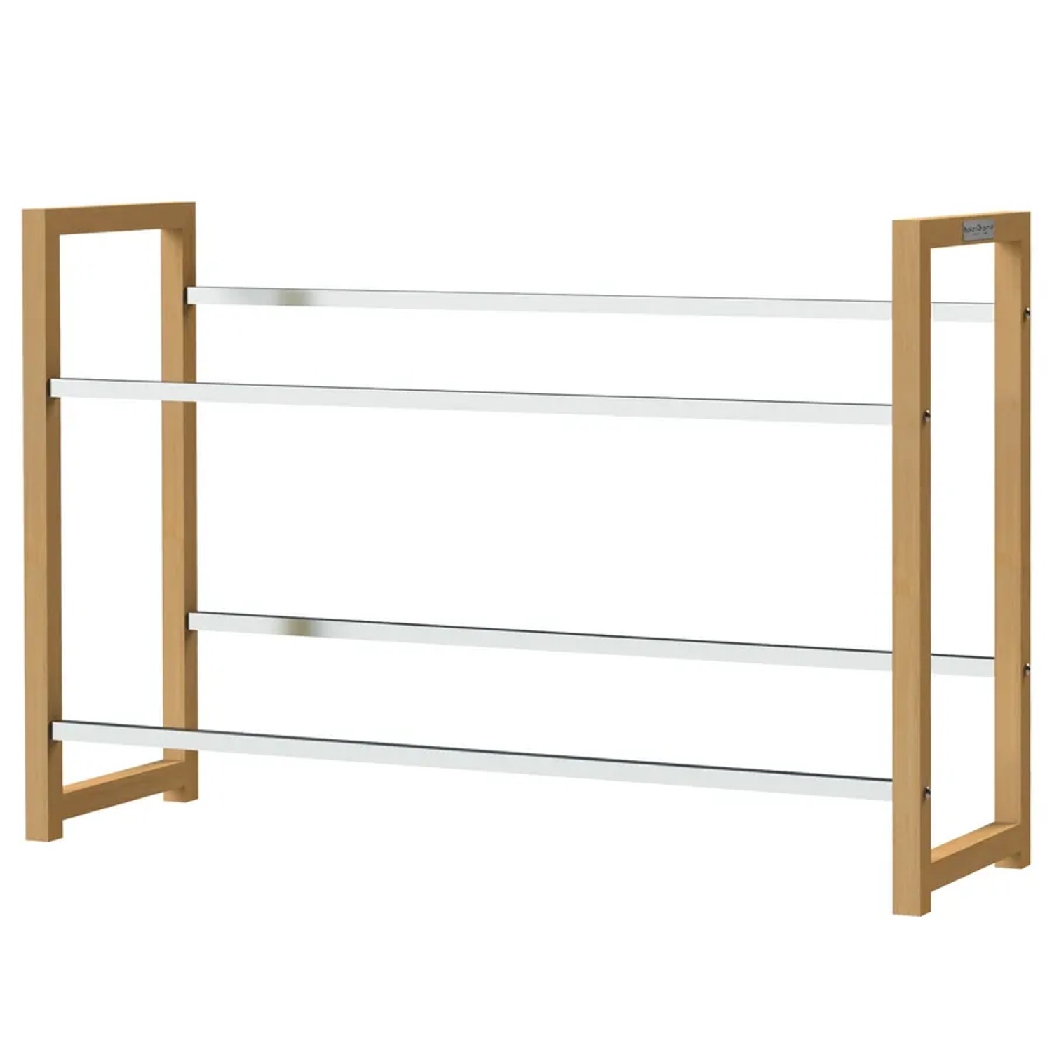 Holzfarbenes Getränkekistenregal mit drei silbernen Ablagen aus Edelstahl von holz4home.