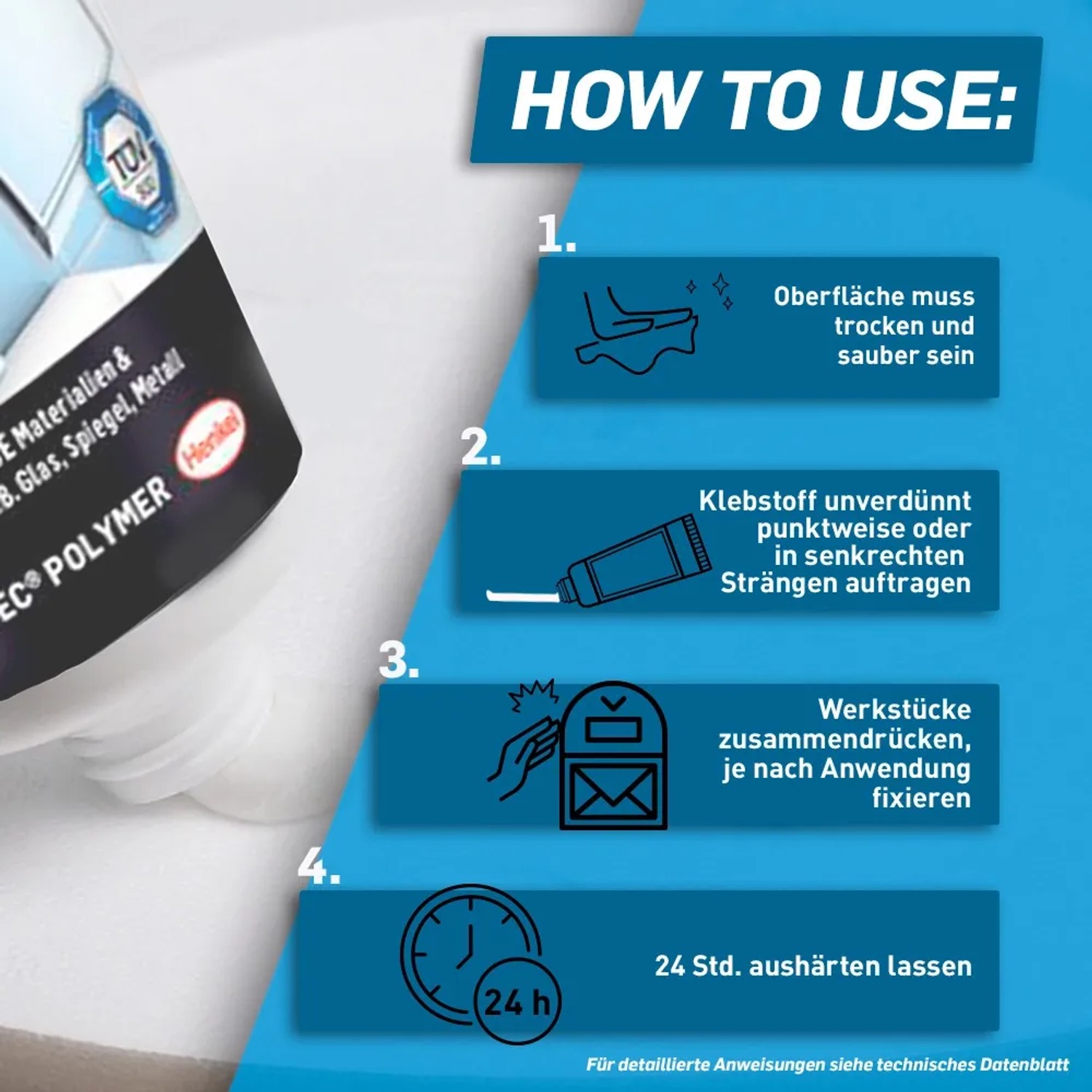 Anleitung zur Anwendung von Pattex Montage Special Glaskleber: Oberfläche reinigen, Kleber auftragen, Werkstücke fixieren, 24h aushärten lassen.
