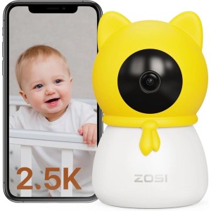 Zosi C516 Babykamera mit gelbem Katzen-Design und Smartphone-Ansicht eines Babys im Kinderbett.