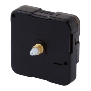 Schwarzes Blanko Uhrwerk mit goldenem Gewinde und weißem Dorn für den Uhren-Selbstbau.