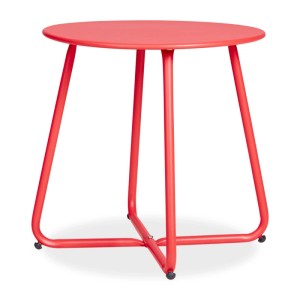 Runder roter Gartentisch aus Metall. Kompakter Beistelltisch für Balkon, Terrasse und Garten.