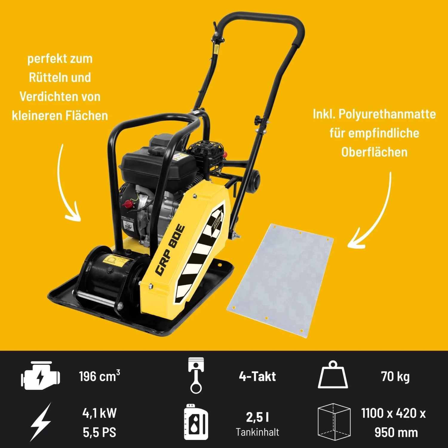 Güde Rüttelplatte GRP 80E mit Polyurethanmatte für Baumaschinenarbeiten.