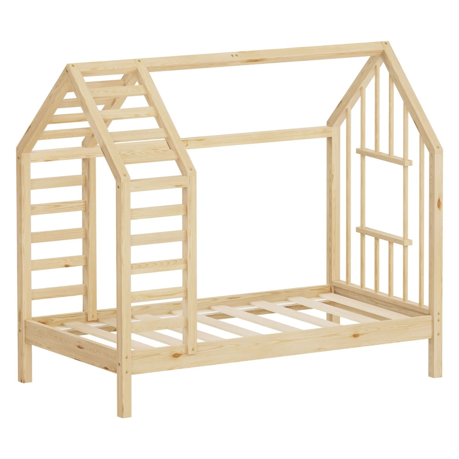 ML-Design Kinderbett 70x140 cm mit Lattenrost Dach und Fenster Hausbett aus Massivem Kiefernholz Natur