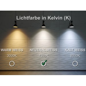 LED-Leuchtspiegel: Vergleich der Lichtfarben (warmweiß, neutralweiß, kaltweiß) in Kelvin.
