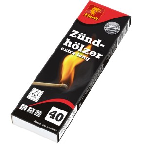 Packung Flash Zündhölzer, 20 cm extra lang, 40 Stück, mit FSC®-Zertifizierung.