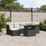 Schwarze 7-tlg. vidaXL Garten-Sofagarnitur aus Poly Rattan mit Tisch und cremeweißen Kissen.