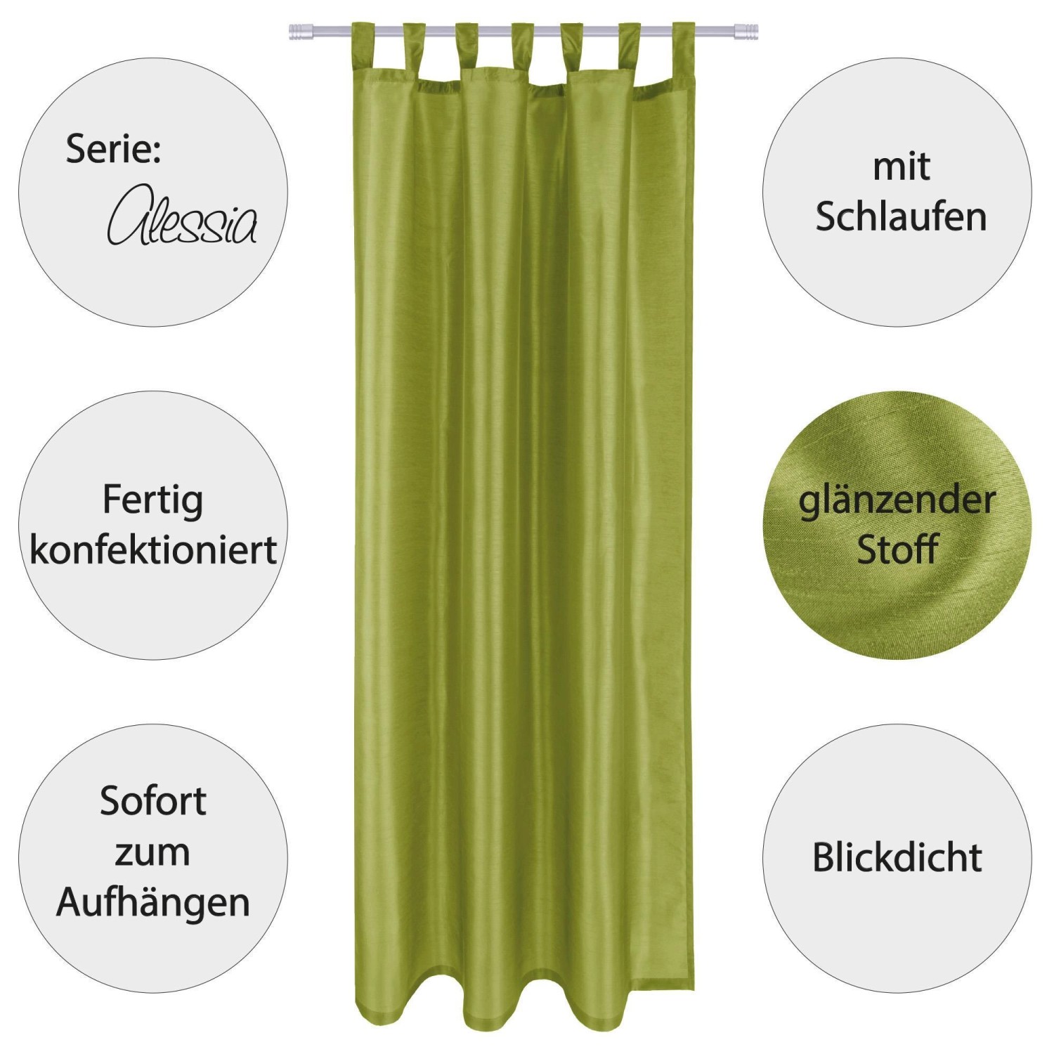 2er Pack grüne, blickdichte Gardine Alessia mit Schlaufen, 140x245 cm. Dekorative Fenstervorhänge für Wohnzimmer und Schlafzimmer.