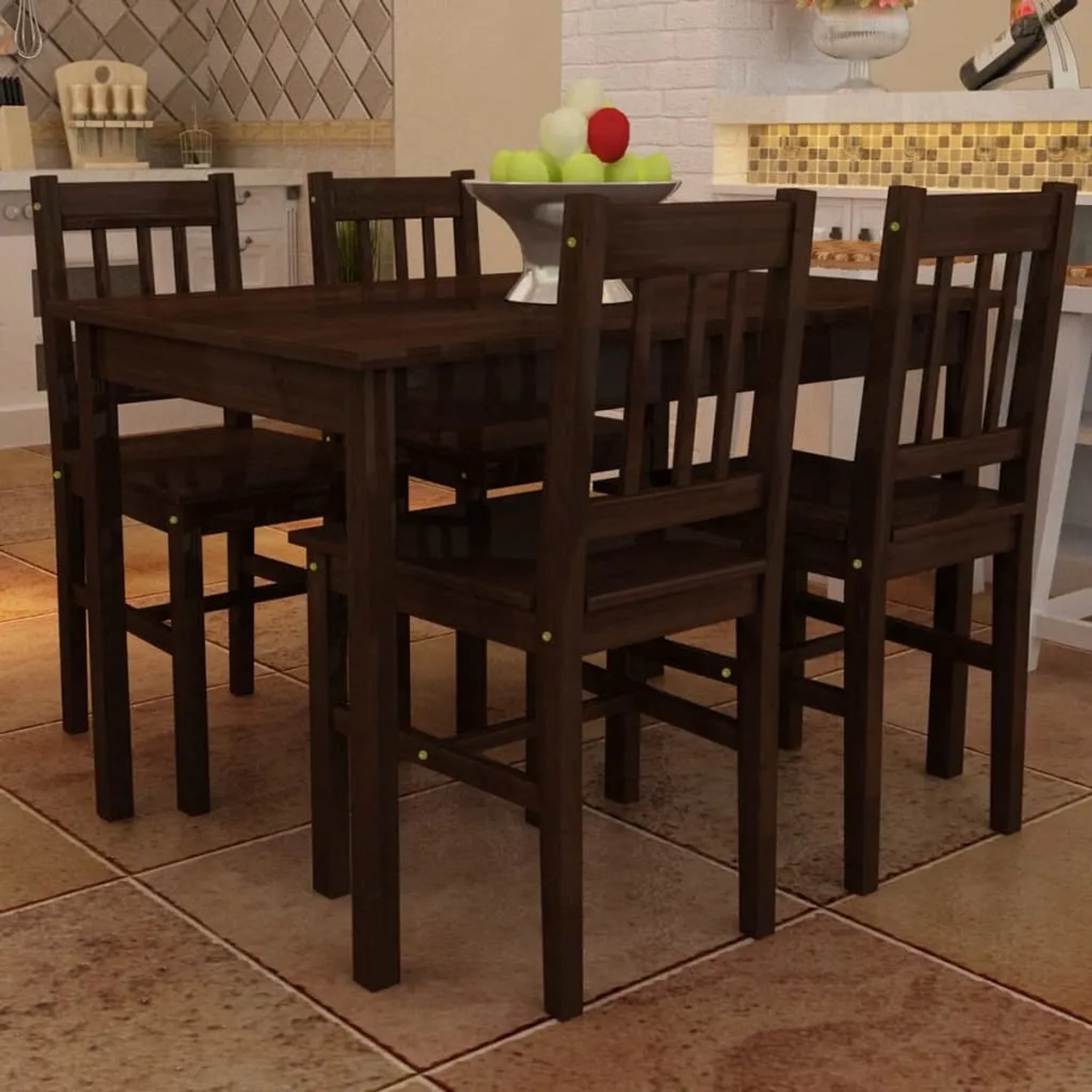 vidaXL Esstisch-Set, braun, Kiefernholz, mit 4 Stühlen. Essgruppe für Küche oder Esszimmer.