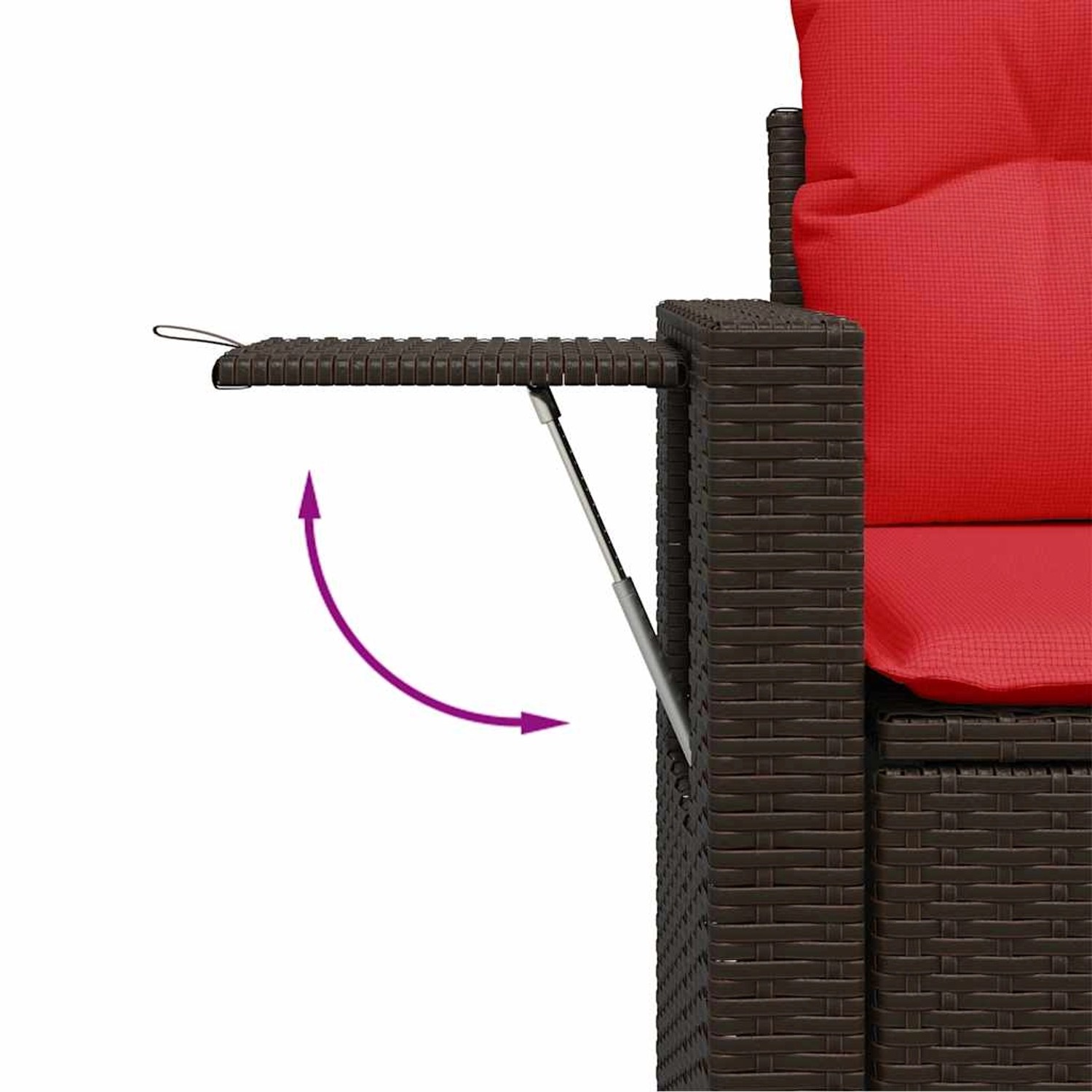 Detailaufnahme: Braune Rattan Garten-Sofagarnitur mit ausklappbarem Tisch und roten Kissen.