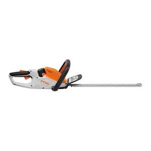 Stihl Akku-Heckenschere HSA 30 in Weiß-Orange, mit langem, silbernem Schneidmesser für präzise Gartenpflege.