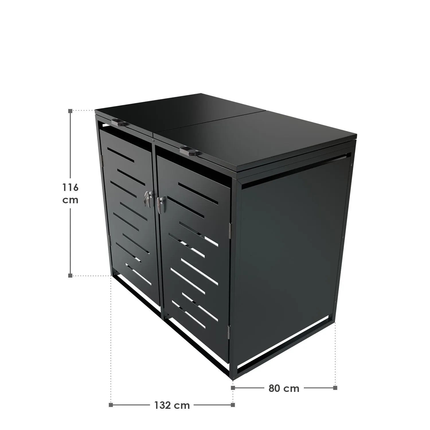 Juskys Mülltonnenbox Arel für 2 Tonnen, Metall, abschließbar, mit Belüftung und Maßangaben.