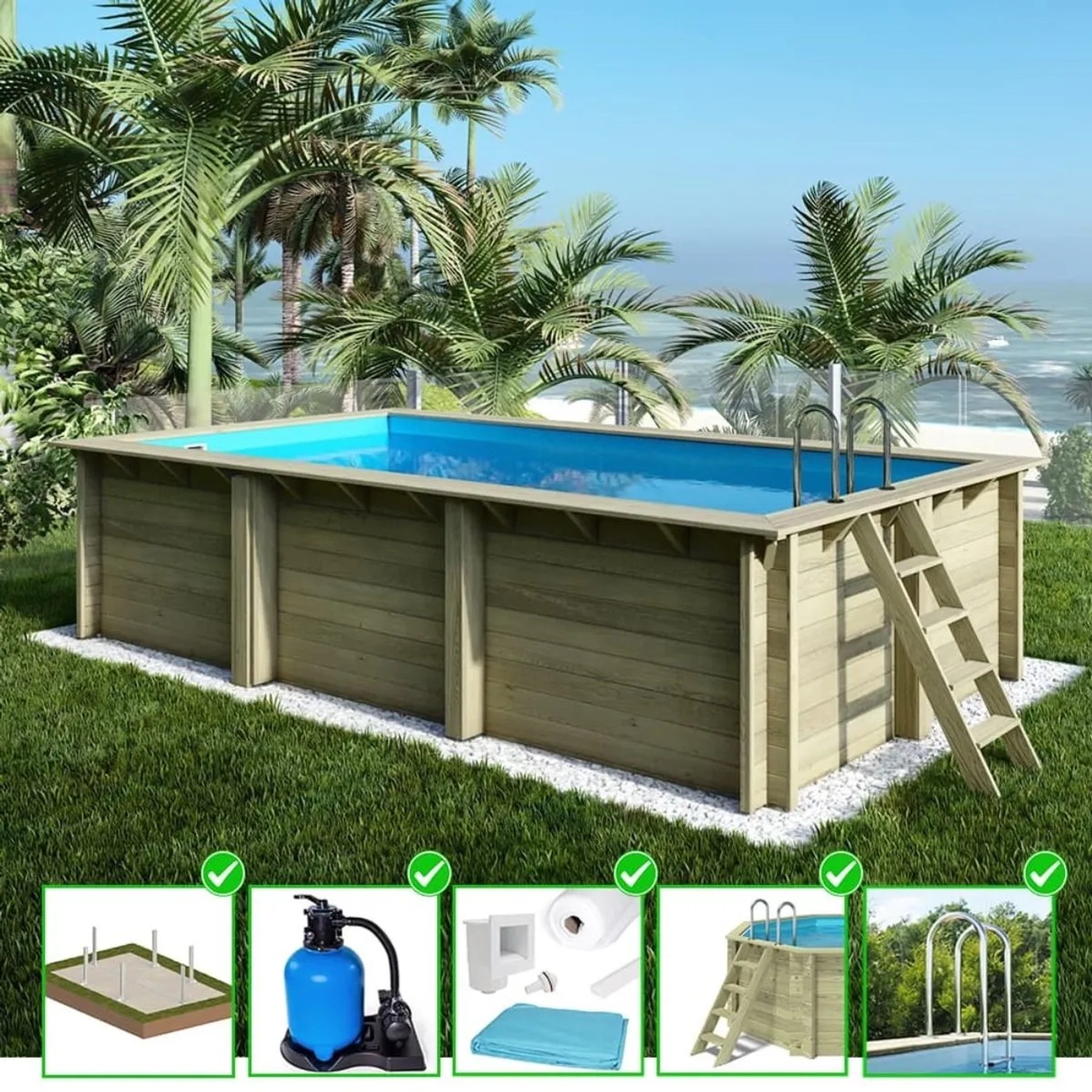 Rechteckiger ALTANKA Holzpool Aqua mit Leiter und blauem Wasser im Garten.