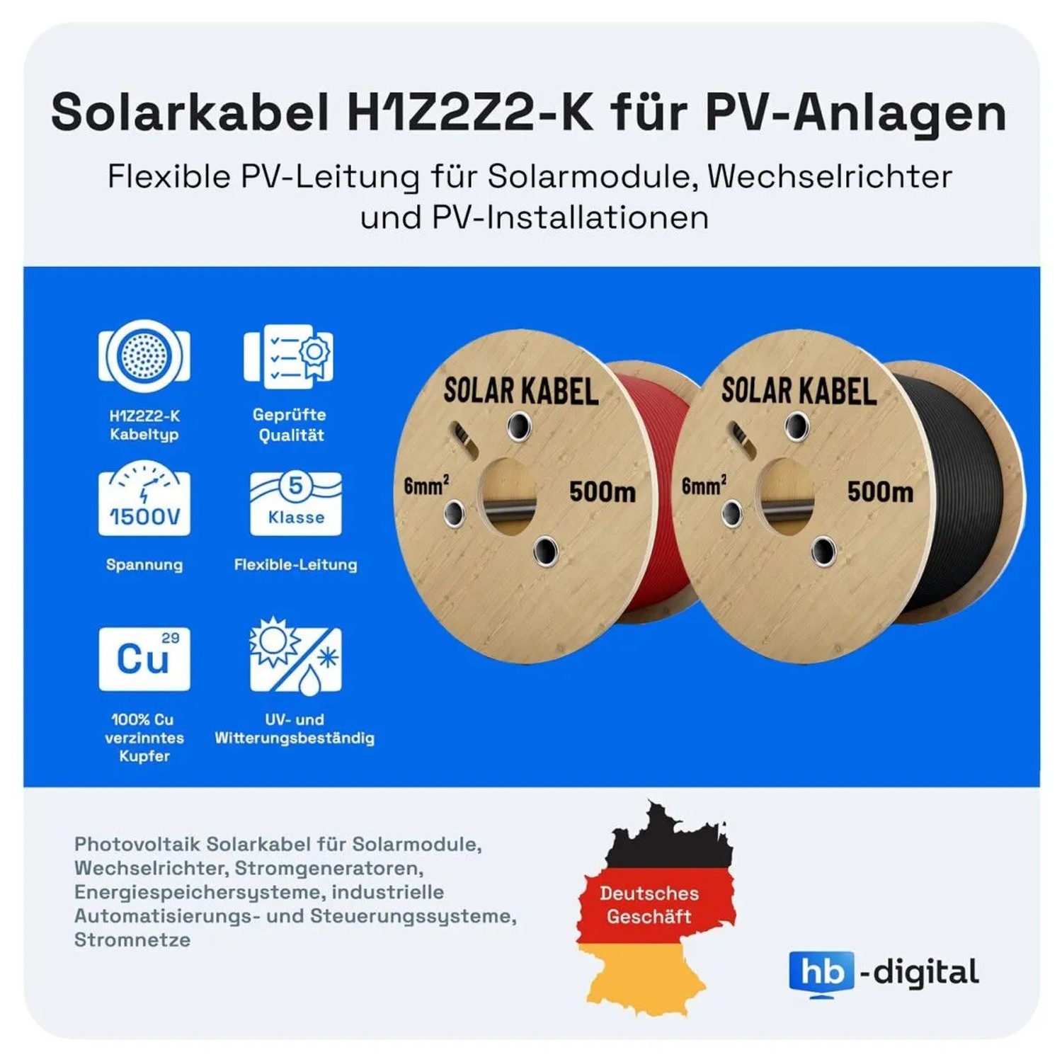 Zwei Spulen mit rotem und schwarzem 6mm² Solarkabel H1Z2Z2-K für PV-Anlagen. TÜV-zertifiziert, UV-beständig.