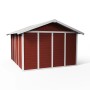 Rotes Grosfillex Kunststoff-Gartenhaus Deco H 11 mit weißem Rahmen.