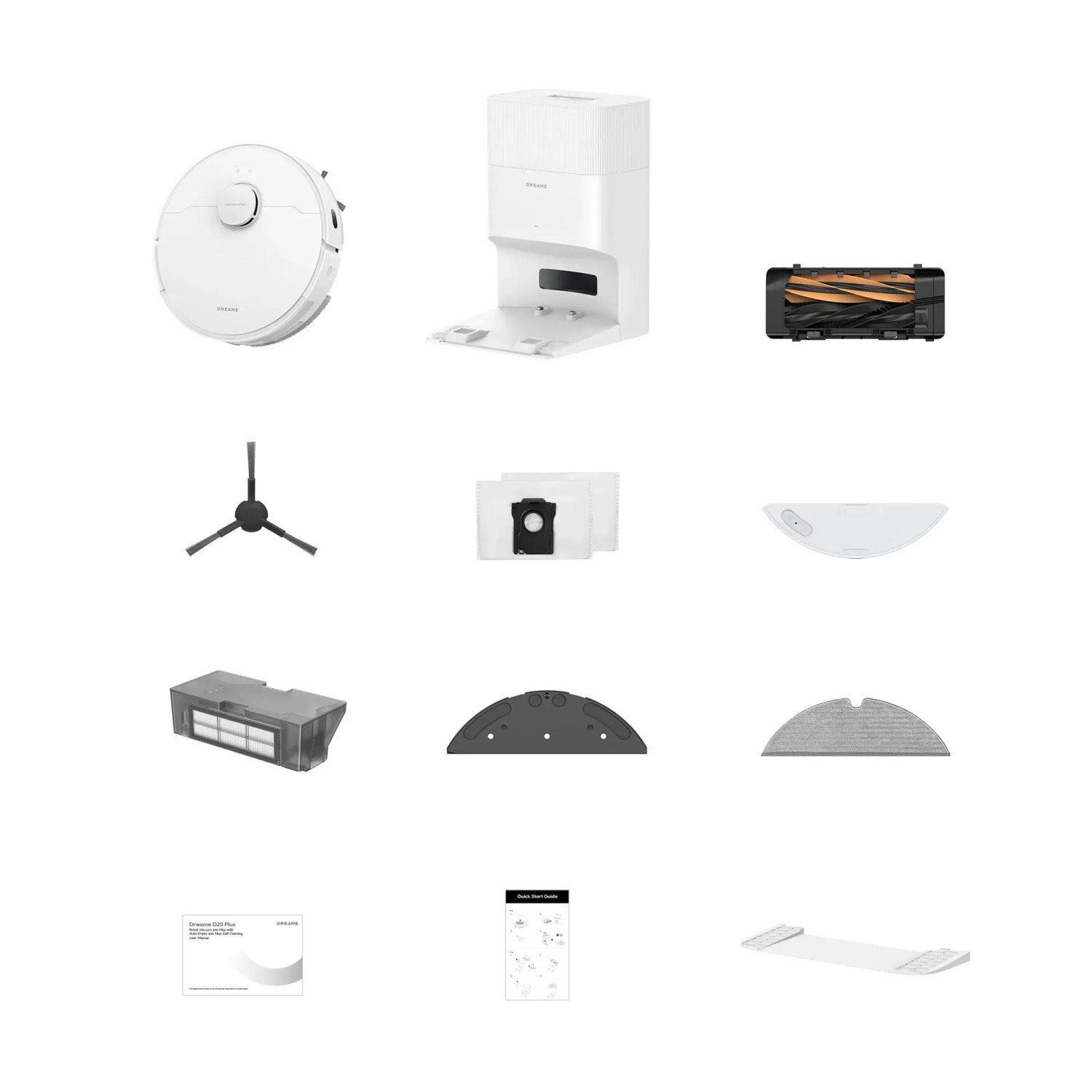 Dreame Saugroboter Plus D20: Saugroboter mit Basisstation, Bürste, Staubbeutel und Zubehör.