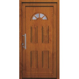 Kunststoff-Haustür K001 Golden Oak, 110x210 cm, Anschlag links, mit Glaseinsatz und Edelstahlgriff.