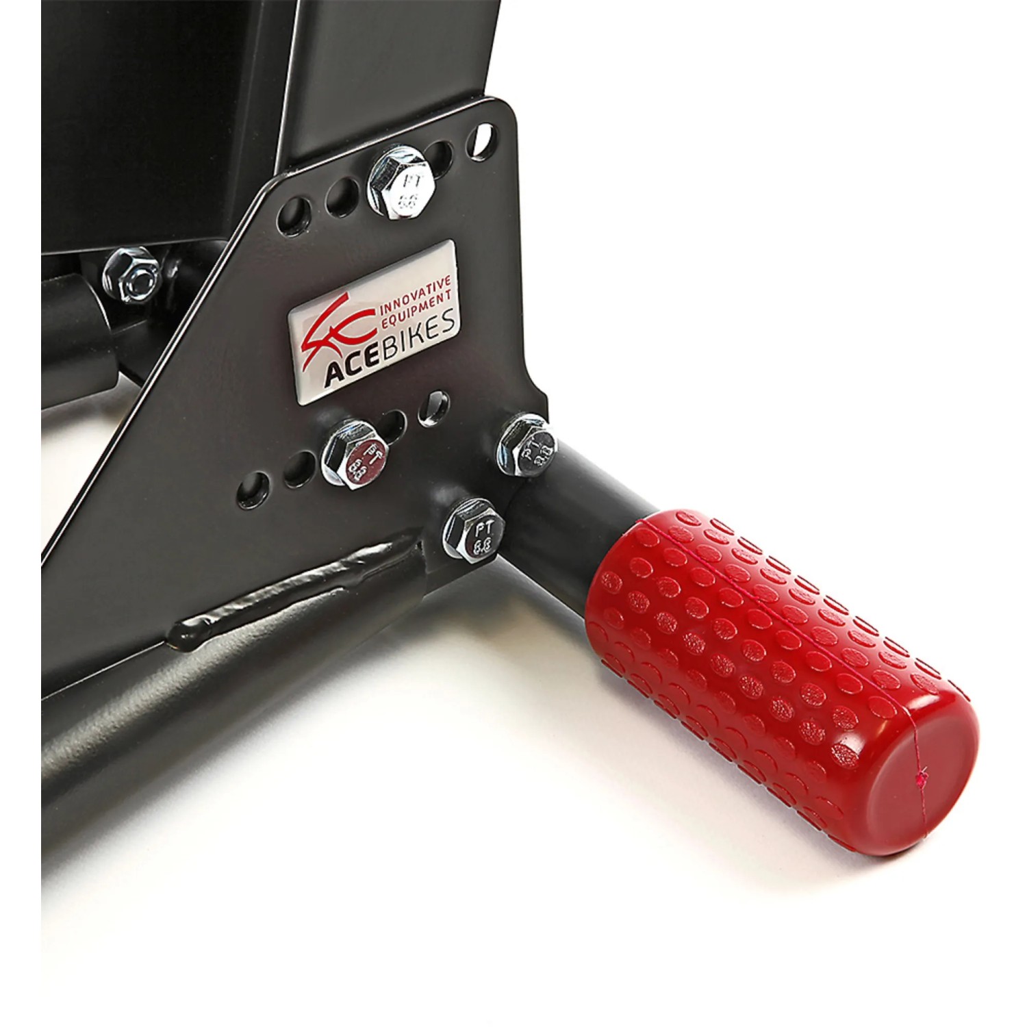 Stema Radhalterwippe Stand Alone, Detailansicht der Halterung mit rotem Griff.