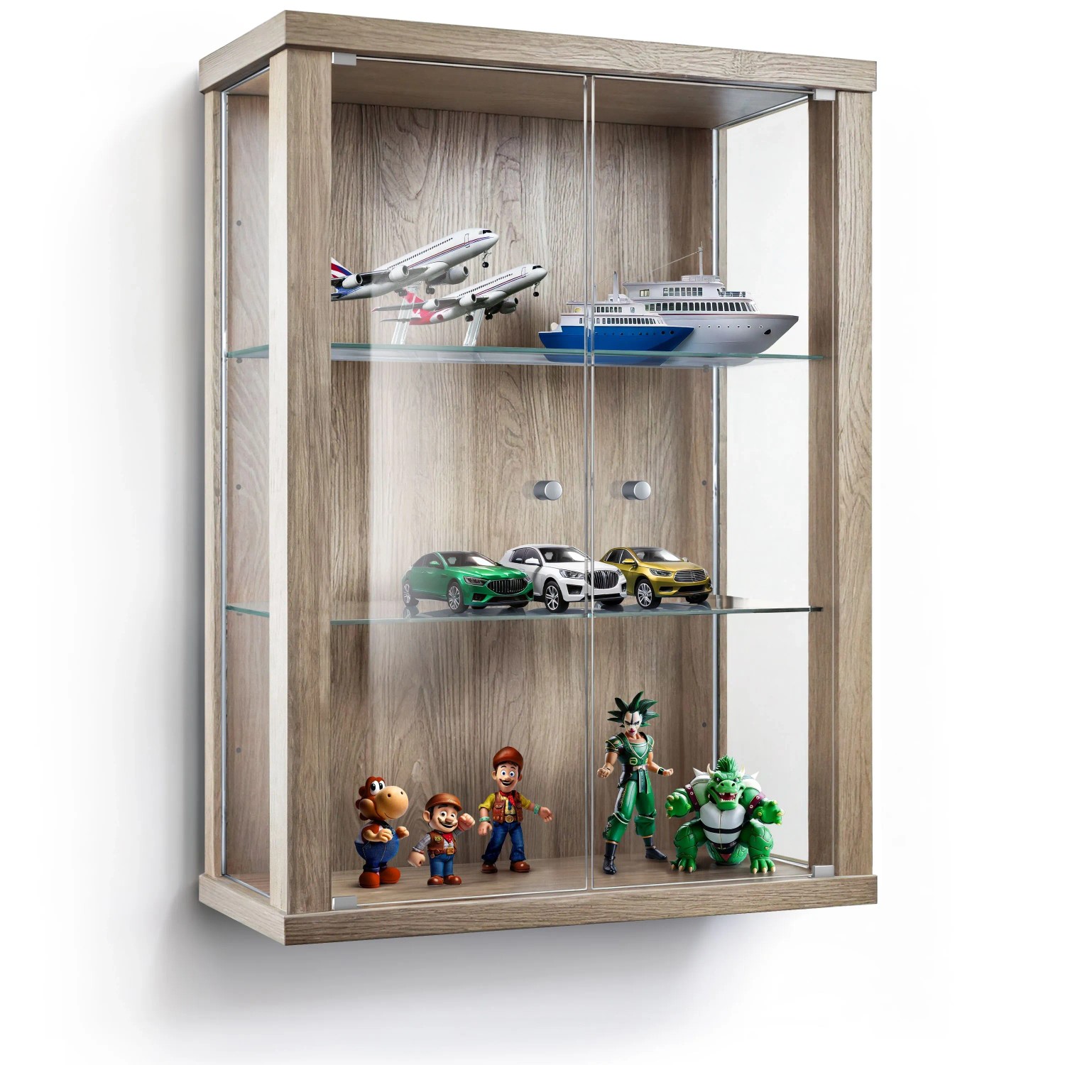 K-Möbel Hängevitrine Glas 80x60x25 cm Made in Germany mit 2 Höhenverstellbaren ESG Glasböden Sonoma Eiche