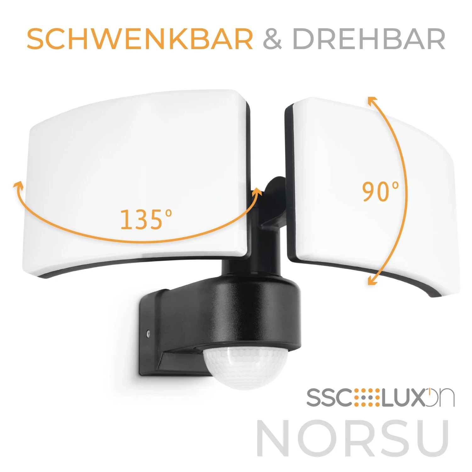 Schwenkbarer, 2-flammiger LED-Außenstrahler mit Bewegungsmelder, schwarz.