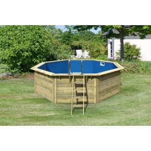 Karibu Holzpool Modell 2 X Set mit blauer Innenhülle und Leiter im Garten.