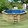 Karibu Holzpool Modell 2 X Set mit blauer Innenhülle und Leiter im Garten.