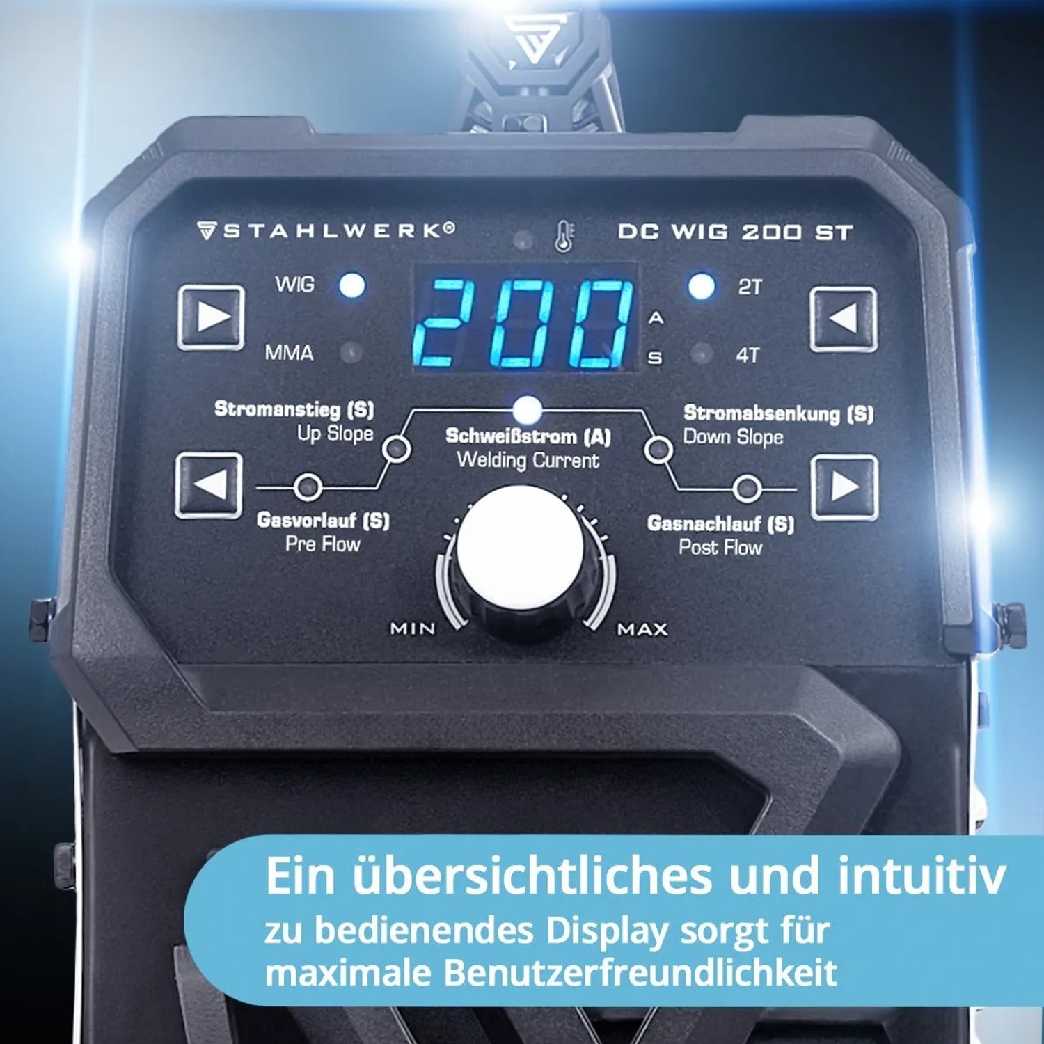 Bedienfeld des STAHLWERK DC WIG 200 ST Schweißgeräts mit digitaler 200A Anzeige und intuitiven Reglern für WIG/MMA.