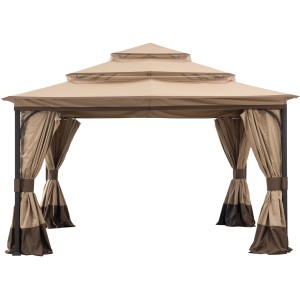 Brauner Sunjoy Gazebo Ropi Pavillon, 395x395 cm, mit Stoffdach und Moskitonetz.
