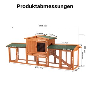 Wiltec Hasenstall aus Fichtenholz mit Freilaufgehege. Detaillierte Produktabmessungen des Kleintierstalls mit grünem Dach.