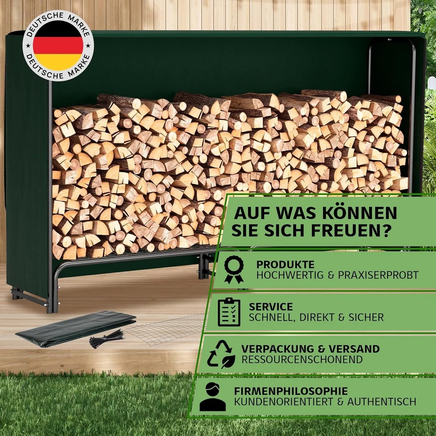 TTL GARDEN Kaminholzregal M mit Schutzplane, gefüllt mit Holzscheiten. Kaminholz Zubehör für Innen & Außen.