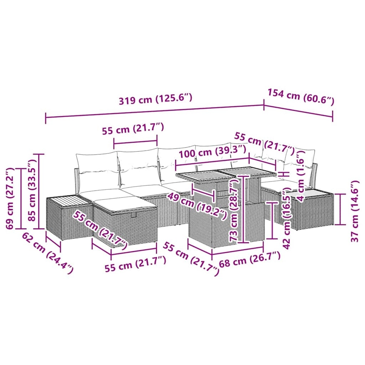 Beiges 8-teiliges Garten-Sofa-Set mit Kissen und Stauraum aus Polyrattan, Maße eingezeichnet.