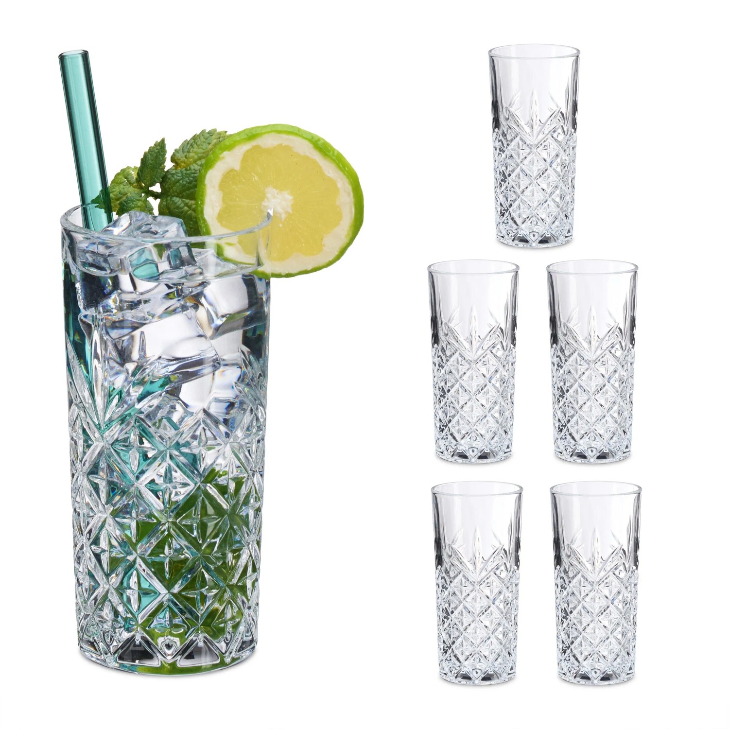 Relaxdays Longdrinkgläser 6er Set Glas Transparent Spülmaschinengeeignet 15 cm x 7 cm