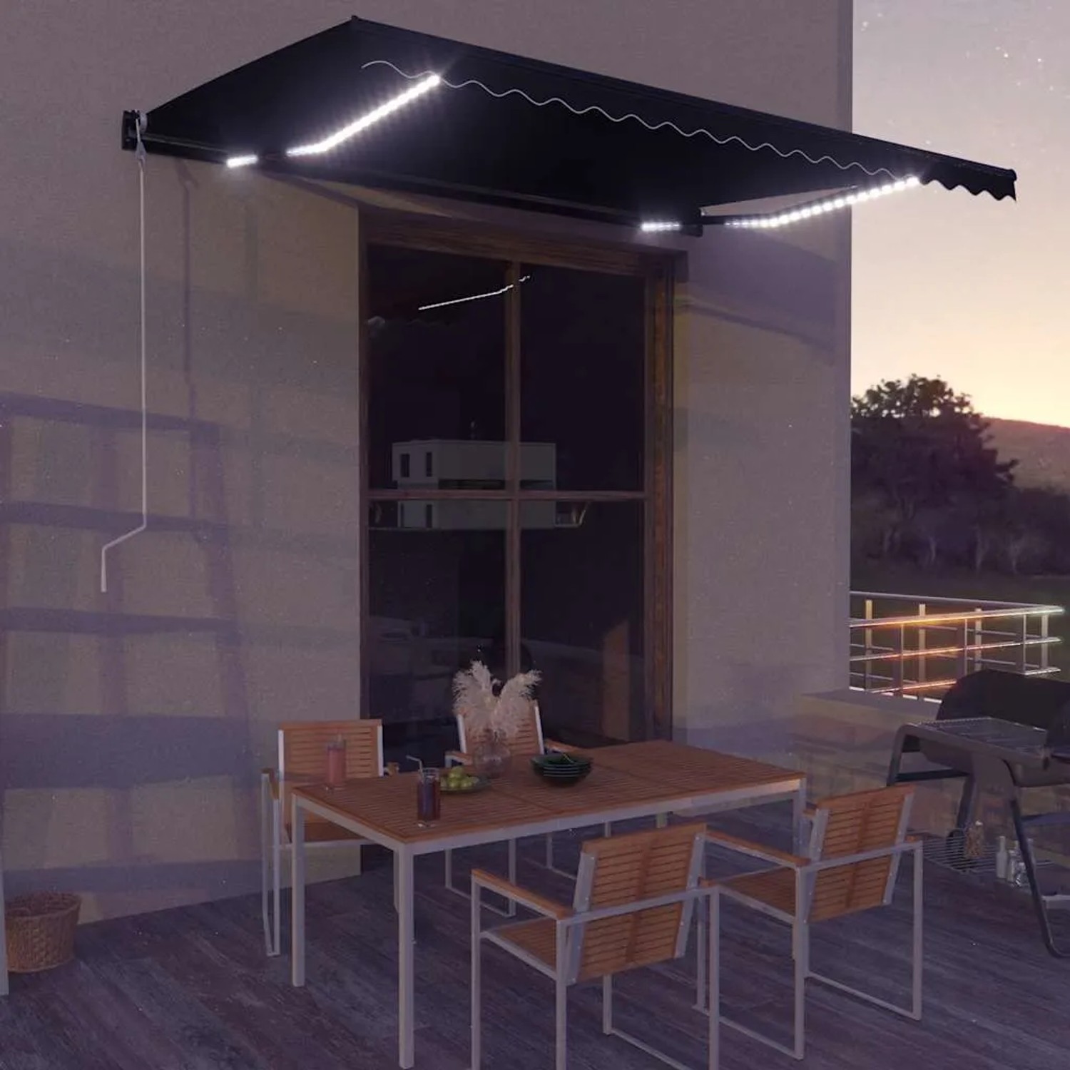Manuelle Markise anthrazit mit LED-Beleuchtung über Terrasse. Ausziehbarer Sonnenschutz für gemütliche Abende.