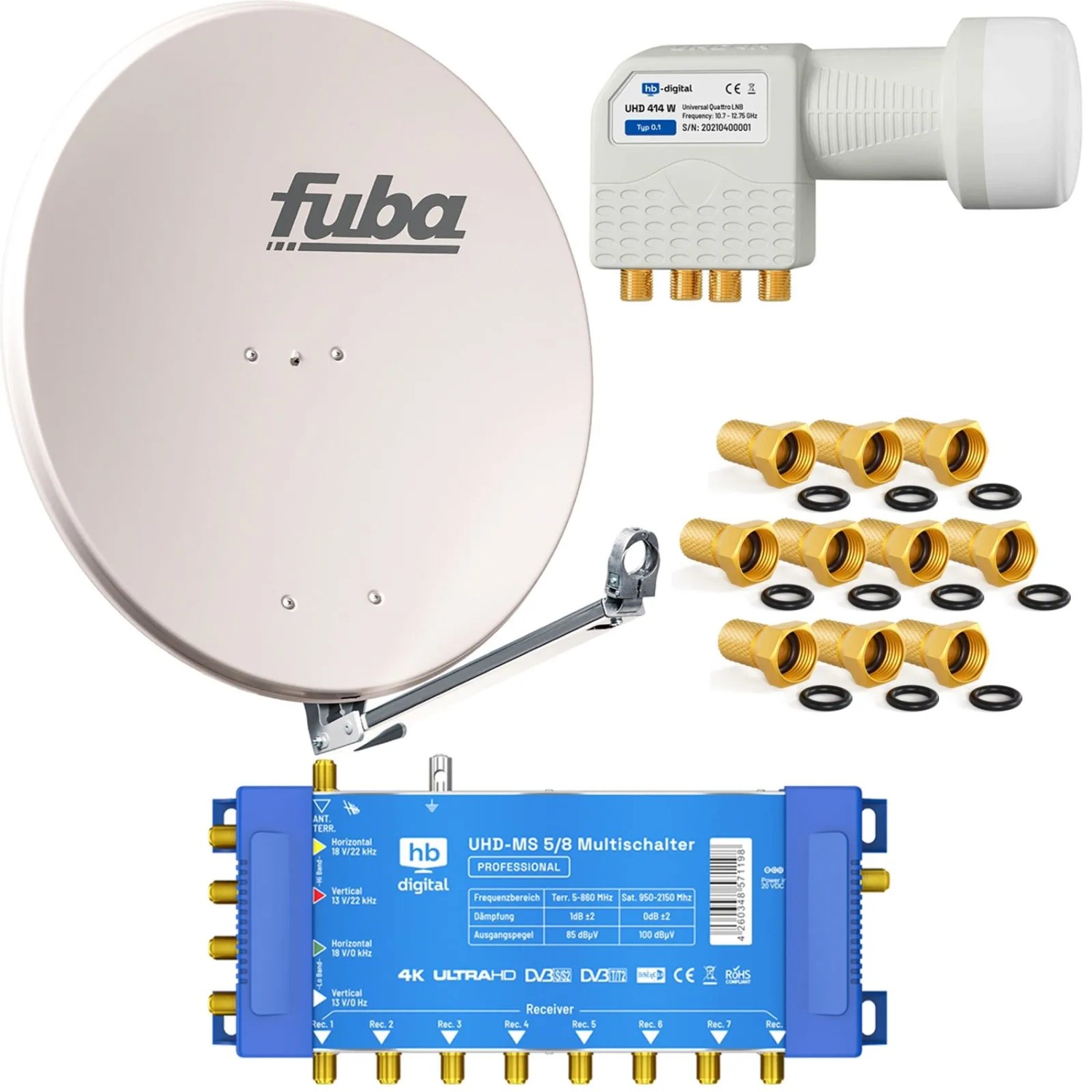 hb-digital SAT Anlage Fuba DAL 800 80cm mit Multischalter MS 5/8 und Quattro LNB Grau