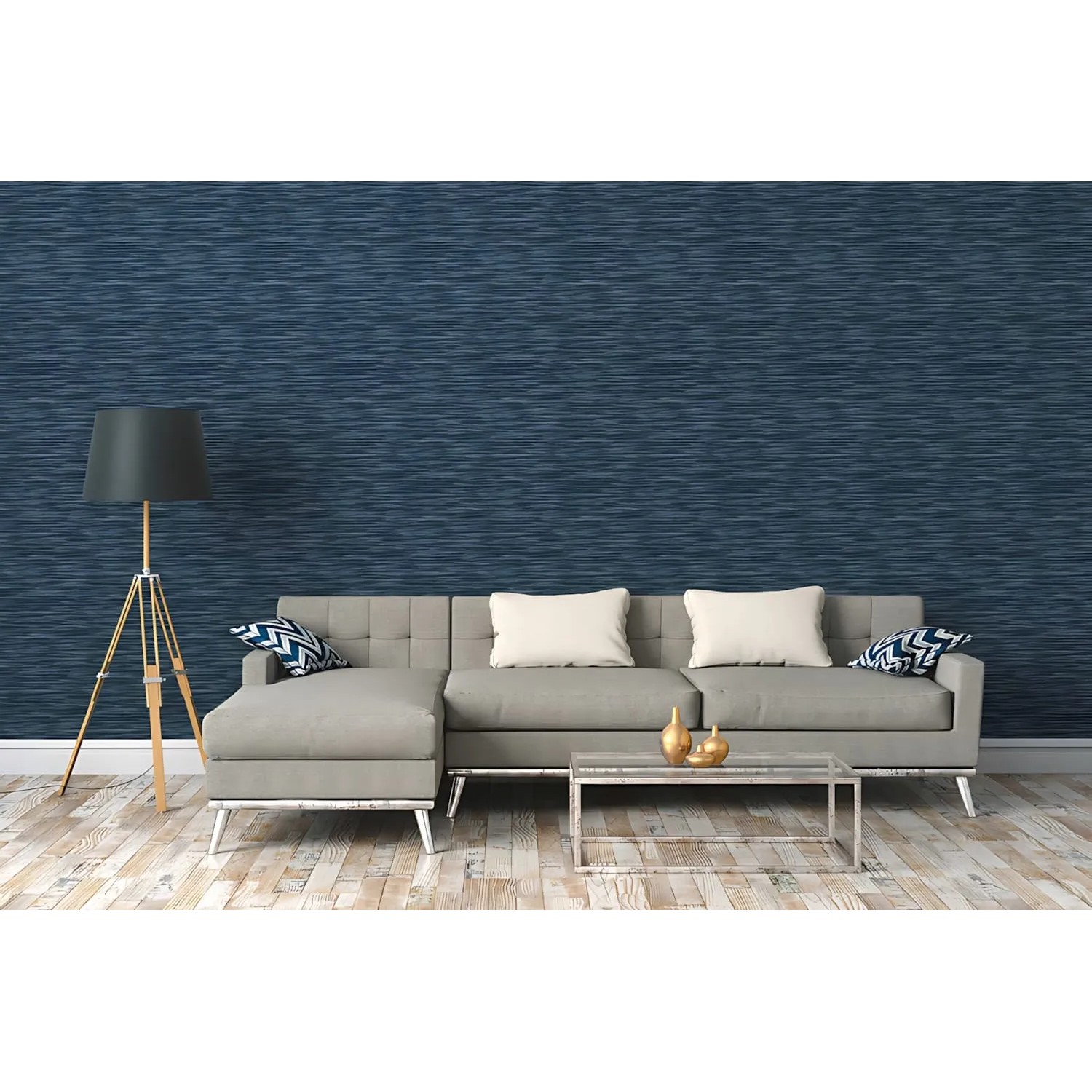 Blaue Vliestapete mit Streifenmuster im Wohnraum. Dekorative Tapete von Profhome.