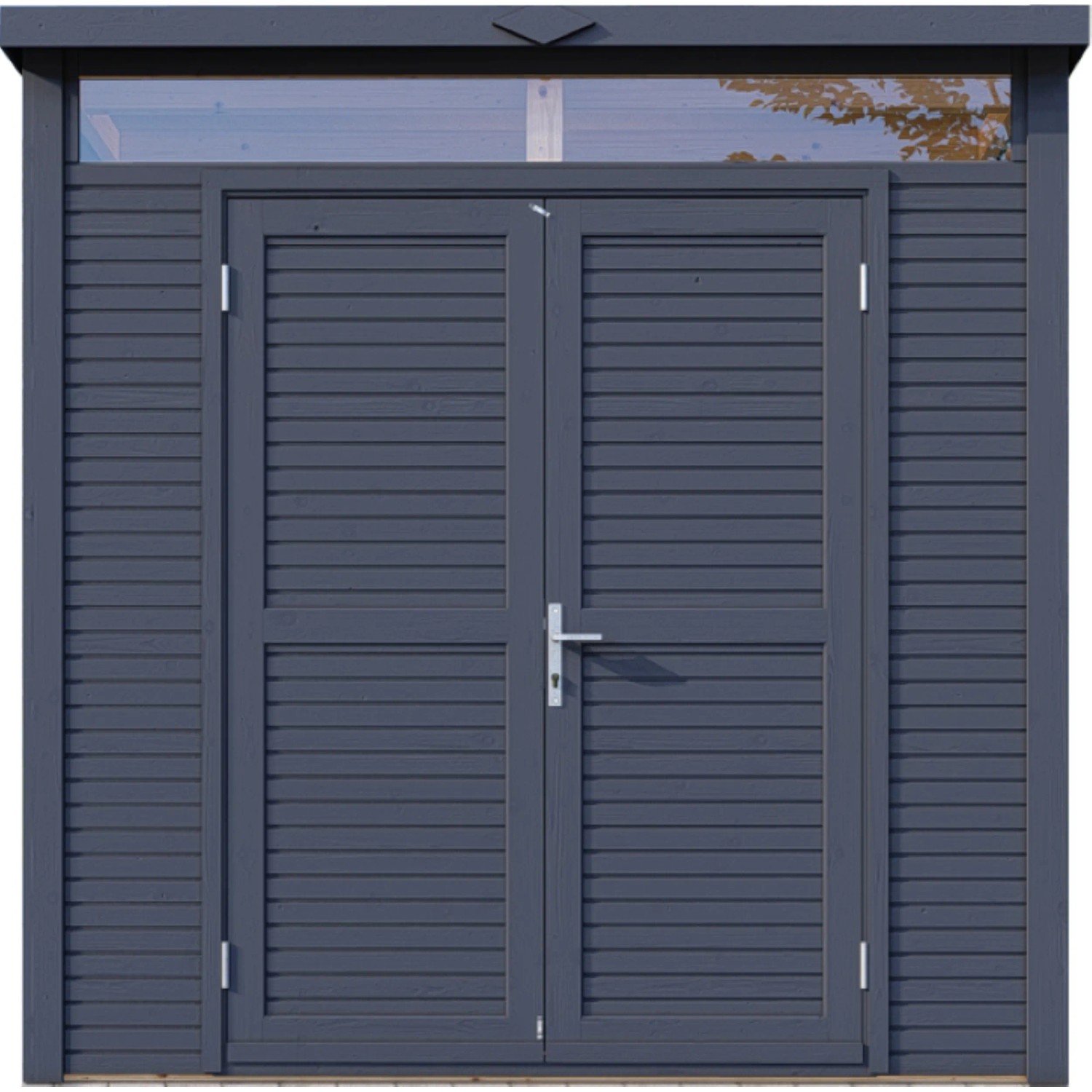 Anthrazitfarbenes Holz-Gartenhaus Woodline Pent mit Doppeltür und Fensterband.