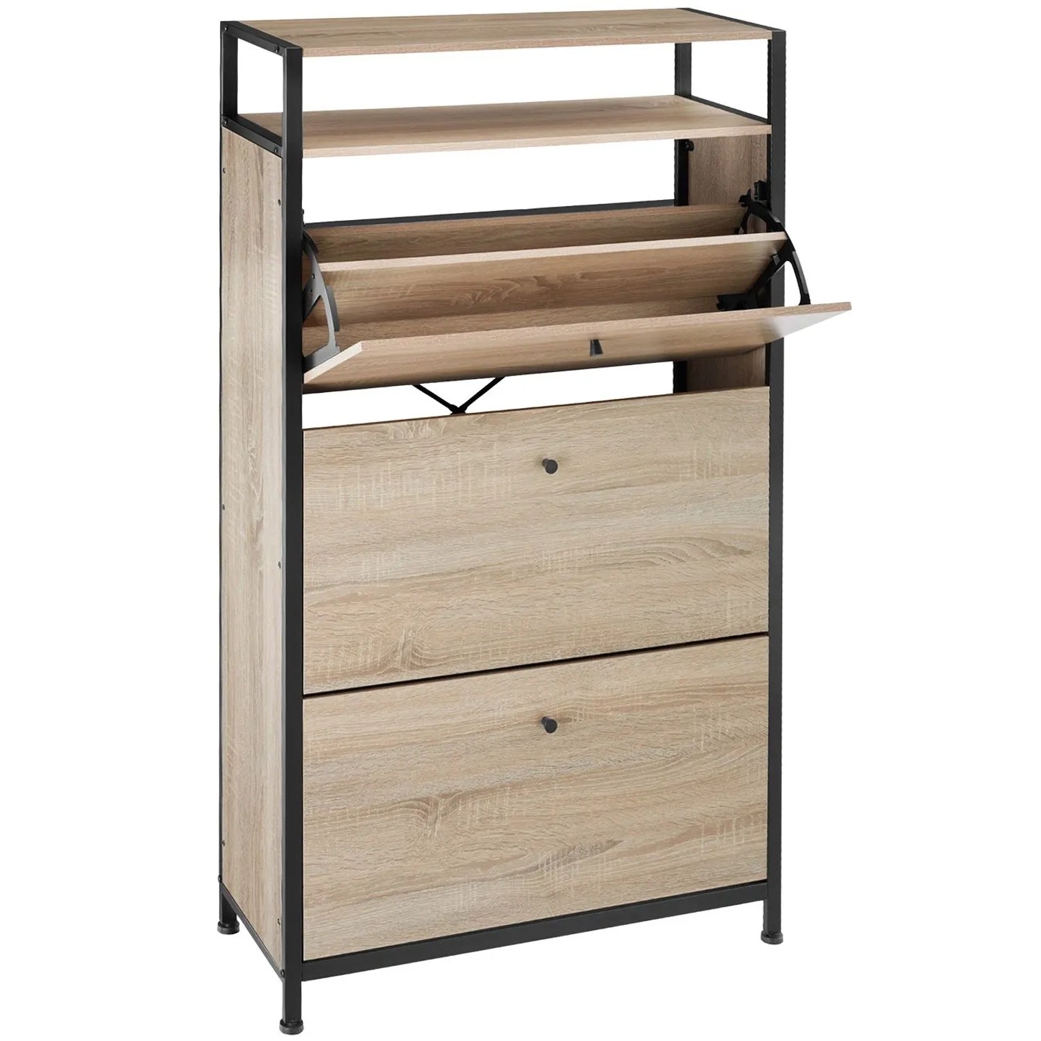 Tectake Schuhschrank Braddock Industrial Style Holz und Stahl  61 x 32 x 130 cm Industrial Holz Hell  Eiche Sonoma