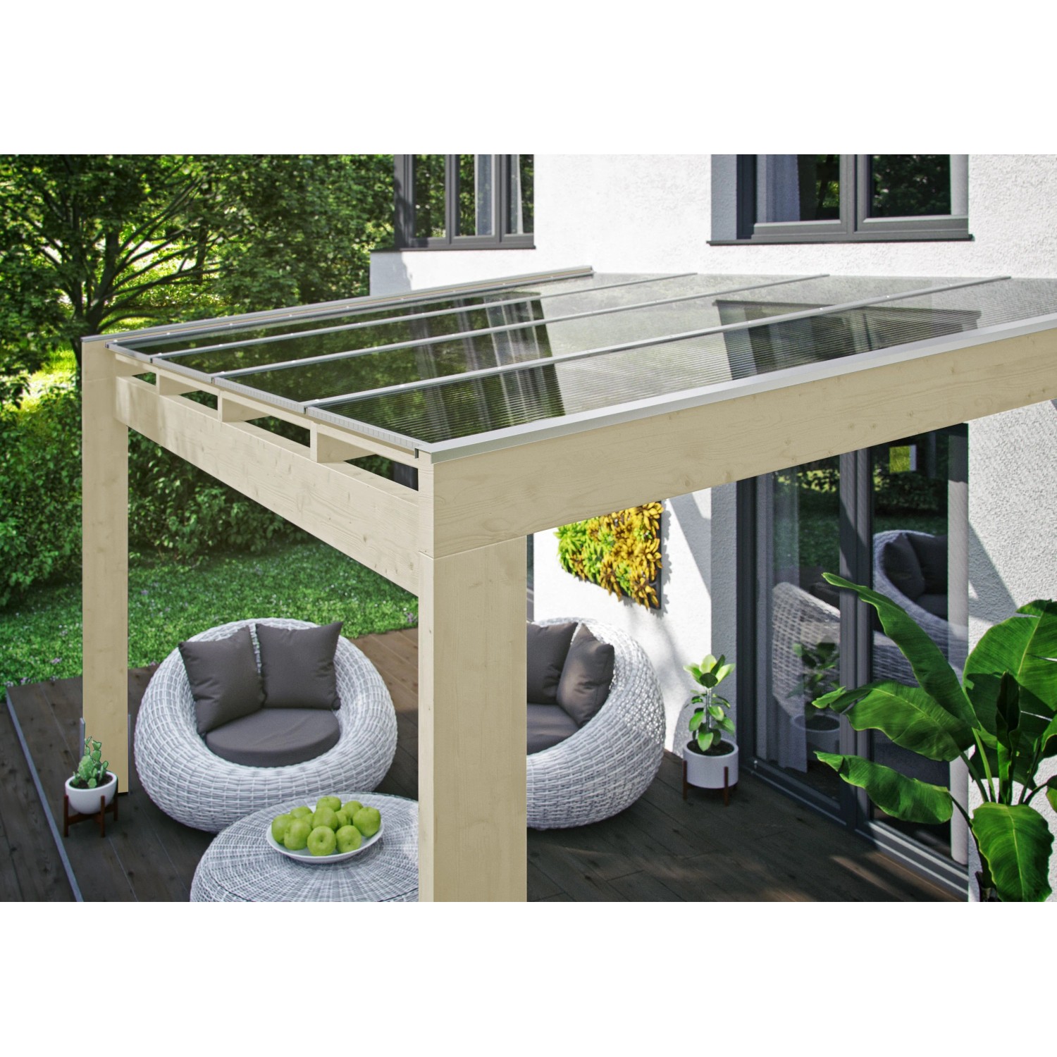 Skan Holz Terrassenüberdachung Novara, 557x359 cm, unbehandelt, mit klarer Polycarbonat-Dacheindeckung.