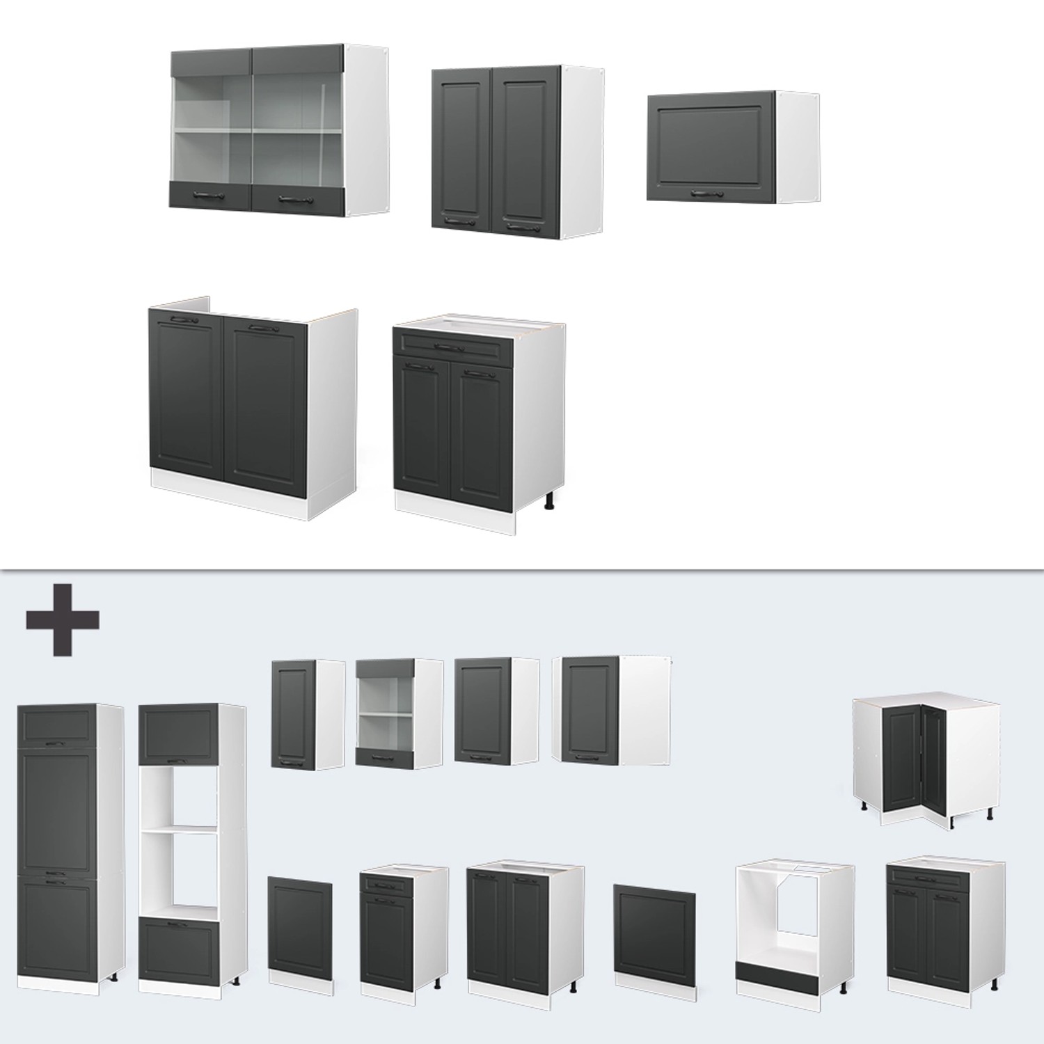 Vicco R-Line Küchenzeile, 200 cm, Anthrazit/Weiß, Landhausstil, ohne Arbeitsplatte.