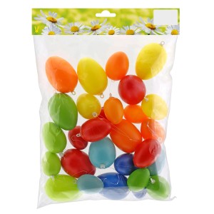 Ostereier-Set mit 30 bunten, einfarbigen Eiern aus Kunststoff zum Aufhängen als Osterdekoration.