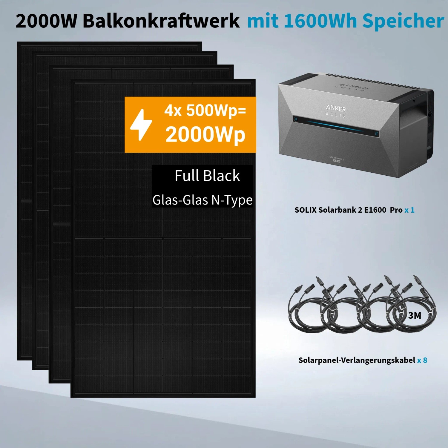 Anker SOLIX 2.000 W Balkonkraftwerk: 4 schwarze 500W Glas-Glas Solarmodule, Solarbank Pro 2 Speicher, Kabel.