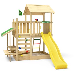 Jungle Gym Spielturm Plaza mit gelber Rutsche, Picknickmodul und Sandkasten. Holz-Kletterturm für Kinder.