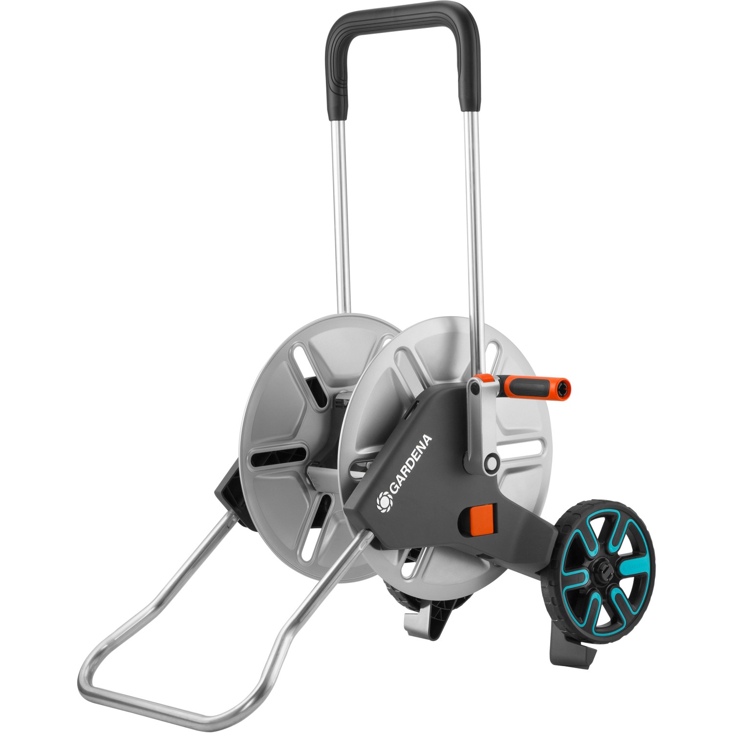 Gardena CleverRoll M Metall Schlauchwagen: robuste Metalltrommel, fahrbar, mit Kurbel und Standfuß.