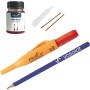 Rotes Pica Ink Tieflochmarker Set: orange Marker, Nachfülltinte, Pipette, Ersatzdochte und blauer vasalat Bleistift für Bohrlöcher.