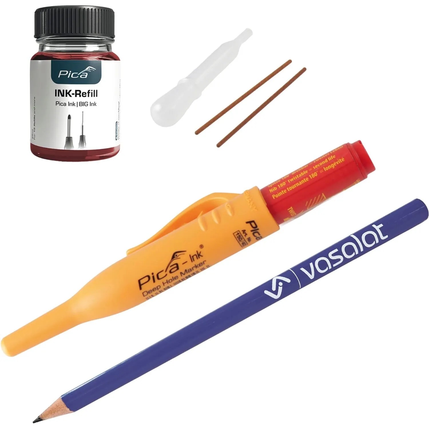 vasalat Set Pica Ink Tieflochmarker für Bohrlöcher + Pica Ink Refill Set rot
