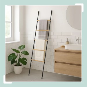 Relaxdays Handtuchleiter Bambus Eisen Schwarz 164 cm x 45 cm x 2 cm
