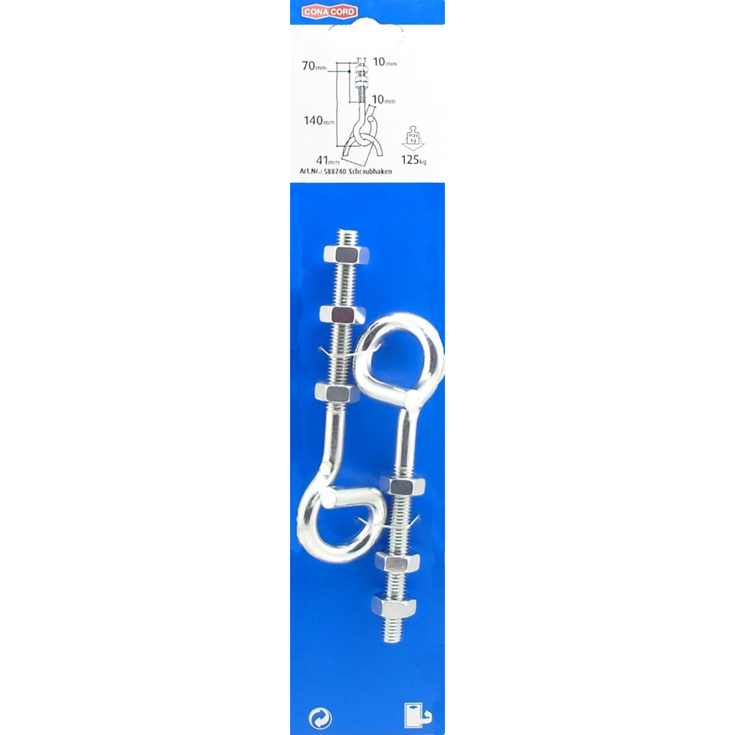 Conacord Schraubhaken, Stahl, Ø 10 mm, 140 mm Länge. Beschlag mit Öse und Gewinde.