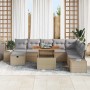 Beiges 9-teiliges vidaXL Garten-Sofa-Set aus Rattan mit Kissen und Stauraum.