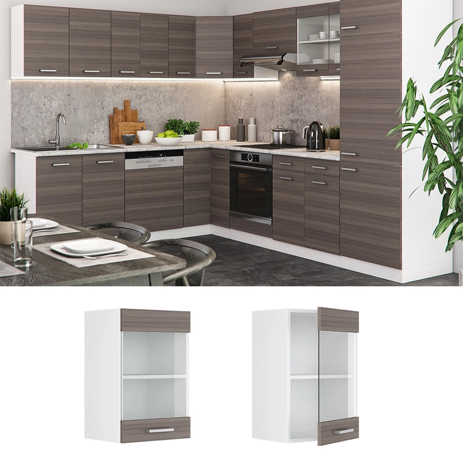 Vicco Küchenglasschrank R-Line, Hängeschrank in Grau/Weiß, 40 cm breit.