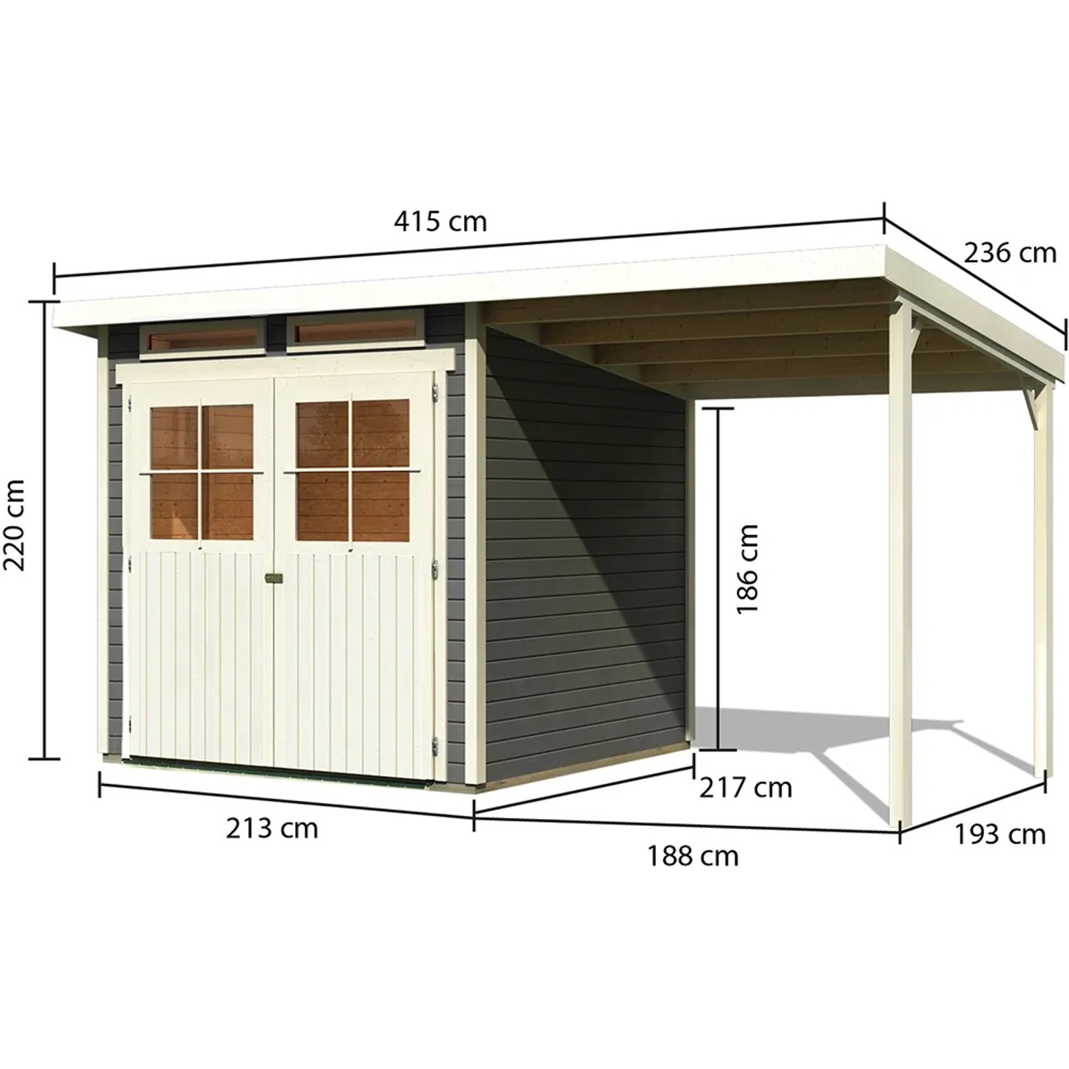 Karibu Holz-Gartenhaus Genf 3 terragrau mit Anbaudach, Maße: 397x213 cm.