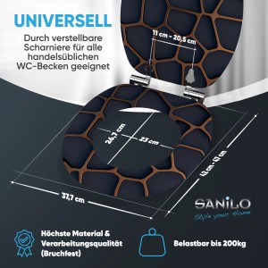 Sanilo WC-Sitz Mesh mit Absenkautomatik, Holz, dunkles Design mit Netzmuster und Maßangaben.